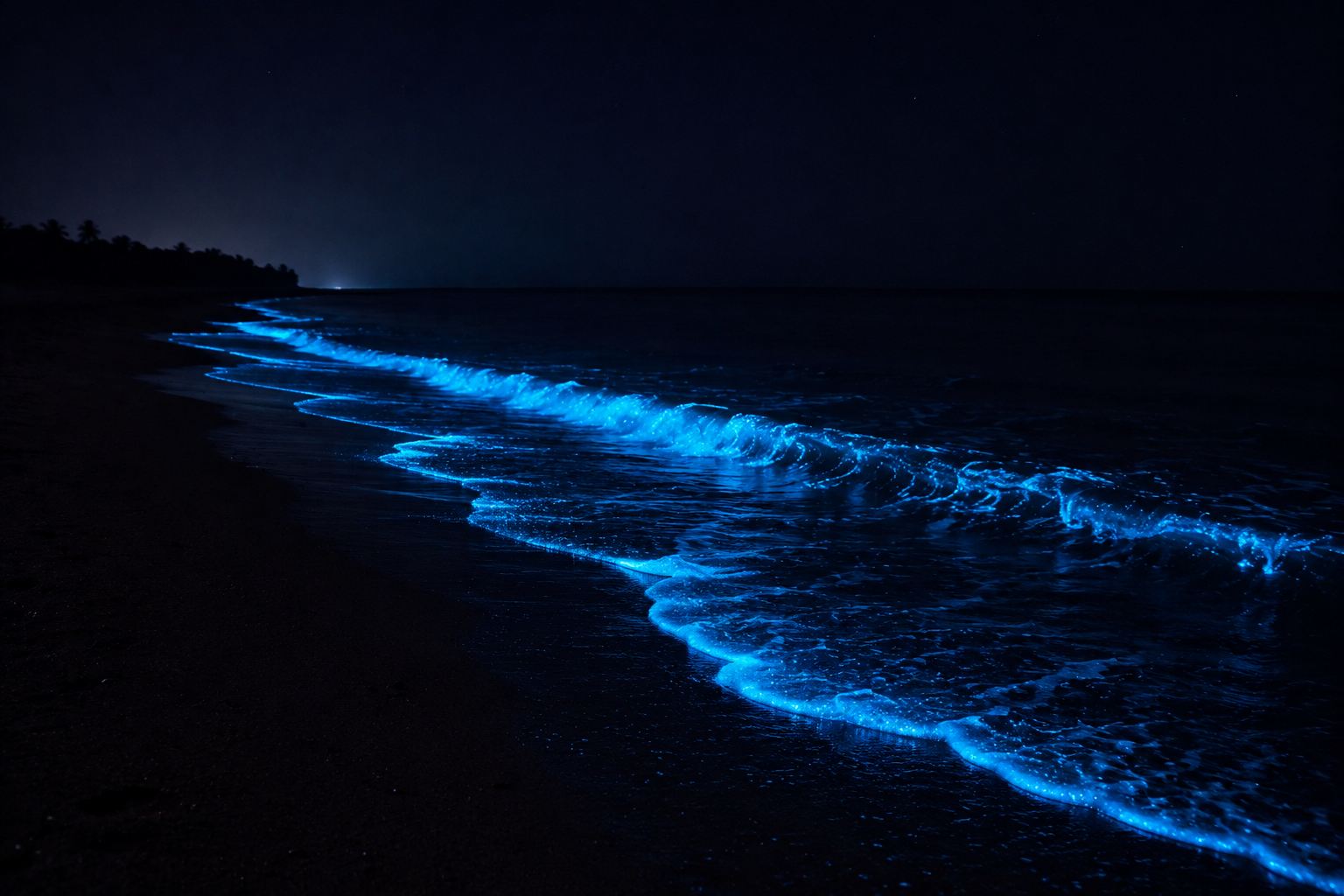 Bioluminescent waves on a dark beach