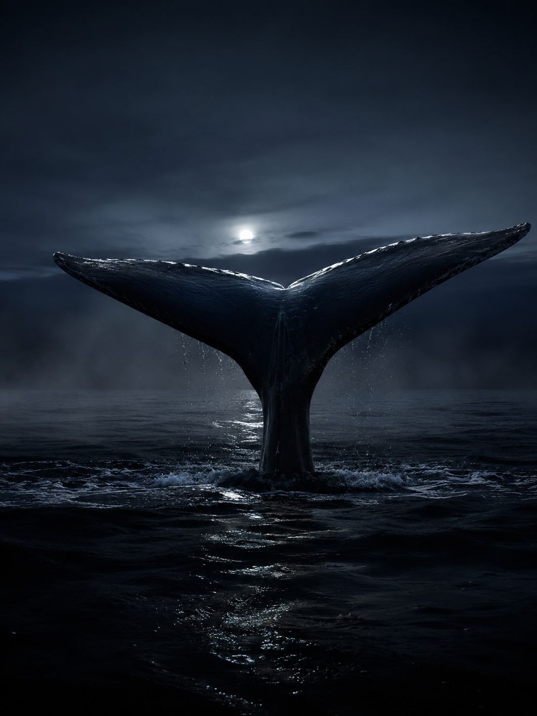 Whale fluke rising from dark water under a moonlit sky
