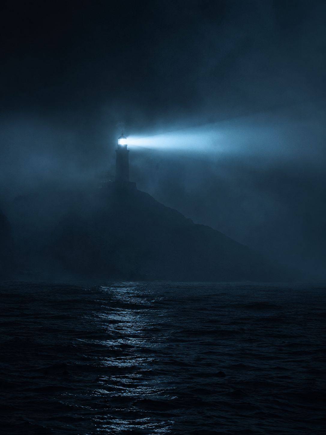 Lighthouse beam cutting through fog over a night sea